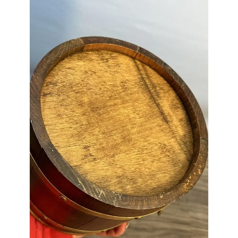 Vintage Ice Bucket Wood Brass Barrel Shape Barware Rustic Decor